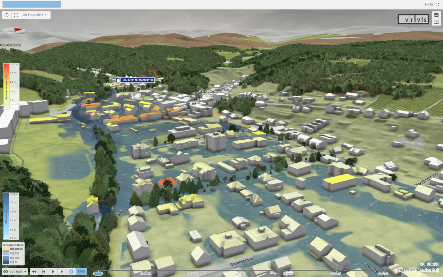 Dreidimensionales Modell einer Landschaft mit Häusern, Wiese und Wald, in dem eine Überflutung simuliert wird
