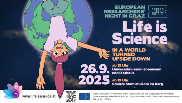 Life is Science am 26.09.2025 in Graz, ab 15 Uhr im Universalmuseum Joanneum. LiS Maskottchen "Lisi" mit den Terminen