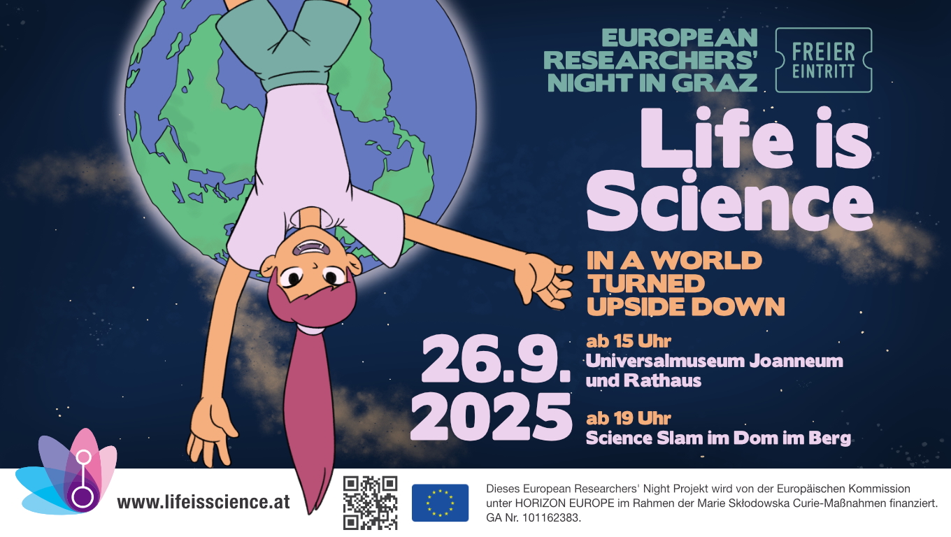 Life is Science am 26.09.2025 in Graz, ab 15 Uhr im Universalmuseum Joanneum. LiS Maskottchen "Lisi" mit den Terminen