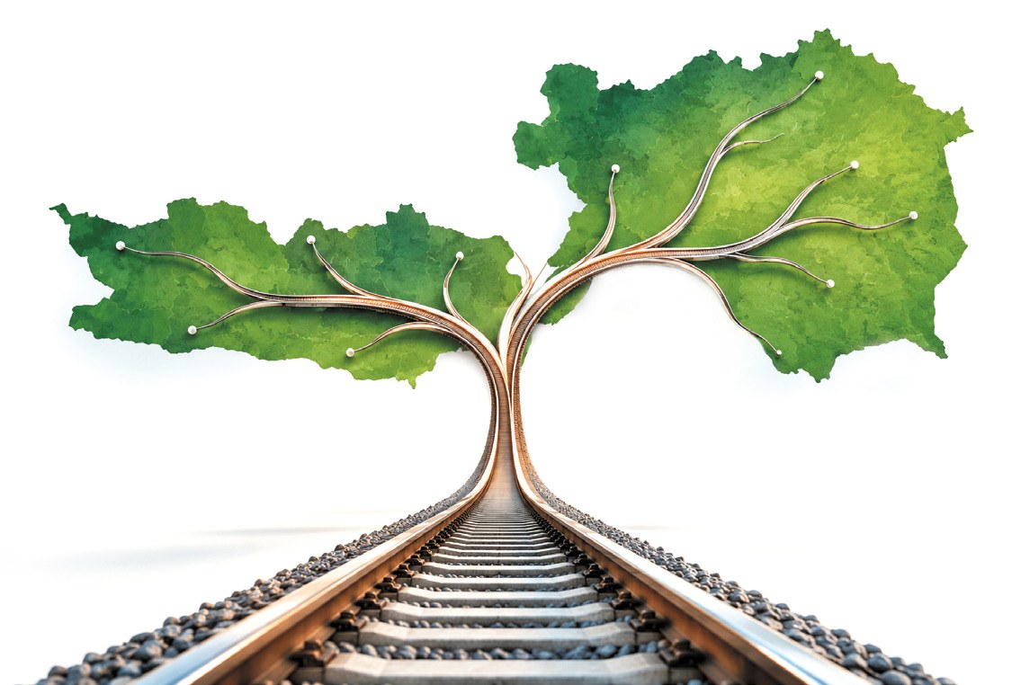 KI-Illustration: Bahngleise wachsen wie ein Baum in die Umrisse von Steiermark und Kärnten – Symbol für die Area Süd
