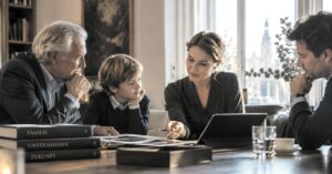 Drei Generationen am Tisch beim Private-Banking-Gespräch: Großvater, Bub, Beraterin mit Tablet und Vater, davor Bücher mit den Titeln Familie, Unternehmen, Zukunft