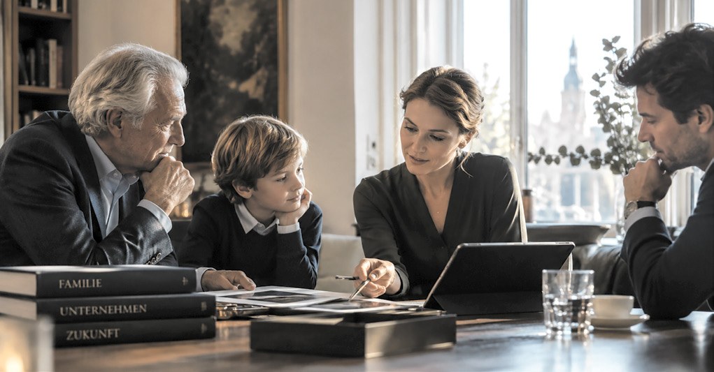 Drei Generationen am Tisch beim Private-Banking-Gespräch: Großvater, Bub, Beraterin mit Tablet und Vater, davor Bücher mit den Titeln Familie, Unternehmen, Zukunft