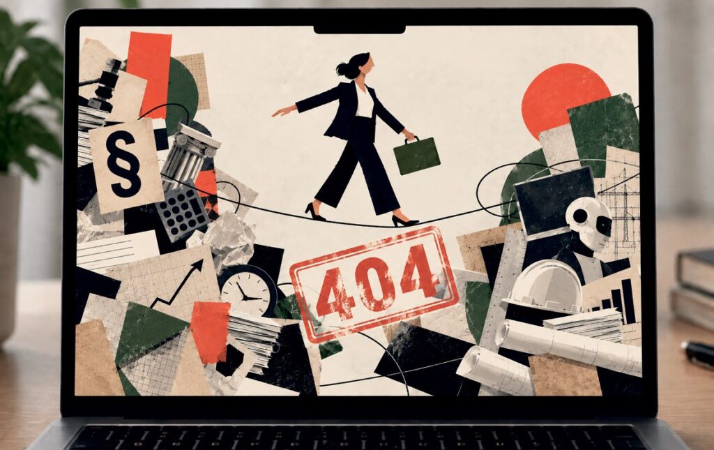 Illustration zu freien Berufen: Frau balanciert auf einem Seil über Paragraf, Formularen und einem 404-Stempel auf einem Laptop-Bildschirm