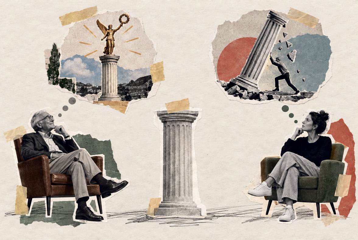 Collage zum Generationenwechsel im Private Banking: älterer Herr und junge Frau in Fauteuils, dazwischen eine Säule, darüber Gedankenblasen mit Siegessäule und umstürzender Säule