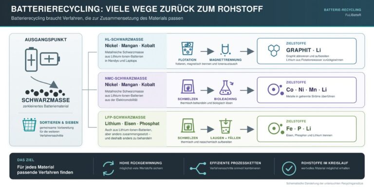Grafik Batterierecycling: Recyclingpfade für Schwarzmasse aus Lithium-Ionen-Batterien bis zu den Zielstoffen