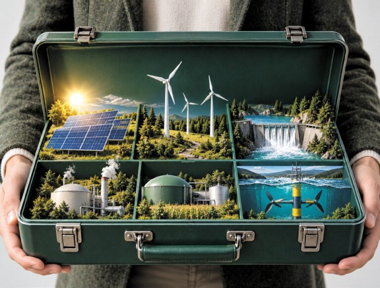 Koffer mit Miniaturlandschaften aus Photovoltaik, Windkraft, Wasserkraft und Biogas als Symbol für Energiegemeinschaften