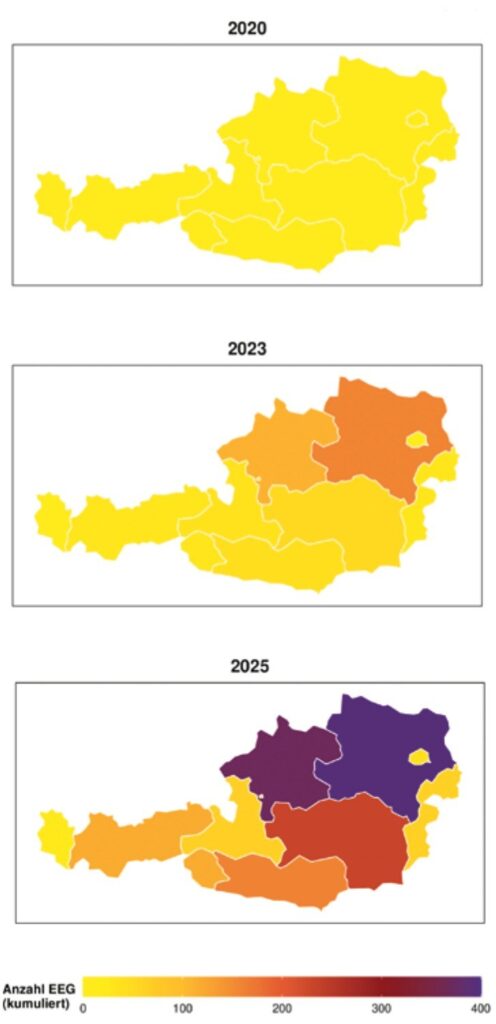 Österreich-Karten zur Entwicklung der Anzahl der Energiegemeinschaften (EEG) je Bundesland 2020, 2023 und 2025