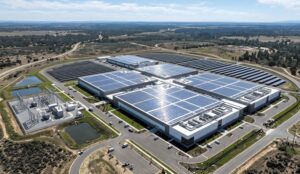 Luftaufnahme eines Rechenzentrums mit Photovoltaik auf den Dächern und Umspannwerk – KI-Rechenzentren und Energiespeicher