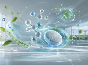Tablette, Molekülmodell und grüne Blätter als Symbol für nachhaltige Pharmaproduktion am RCPE